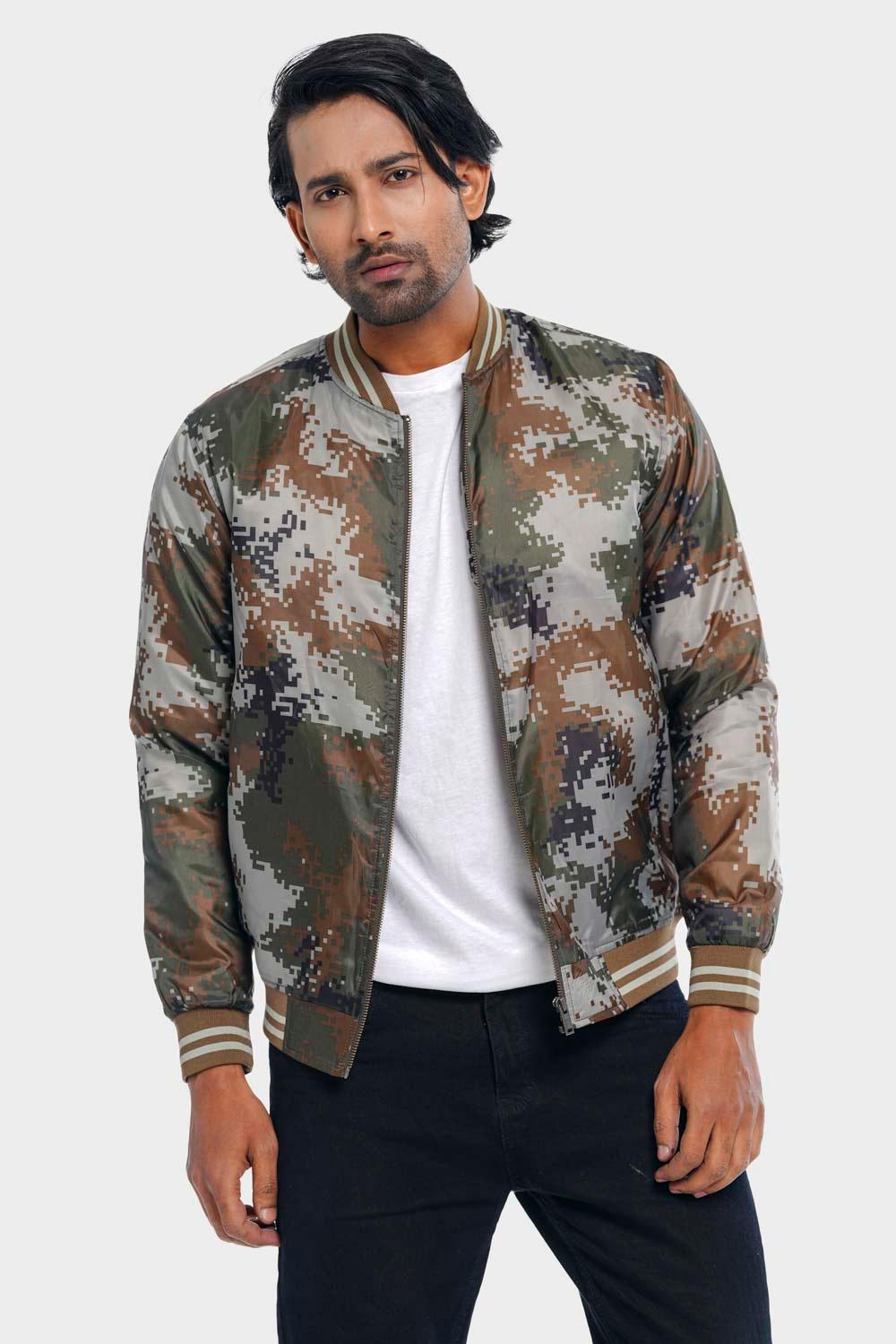 Men's Mock Collar Olive Solid Casual Bomber Jacket main image 0