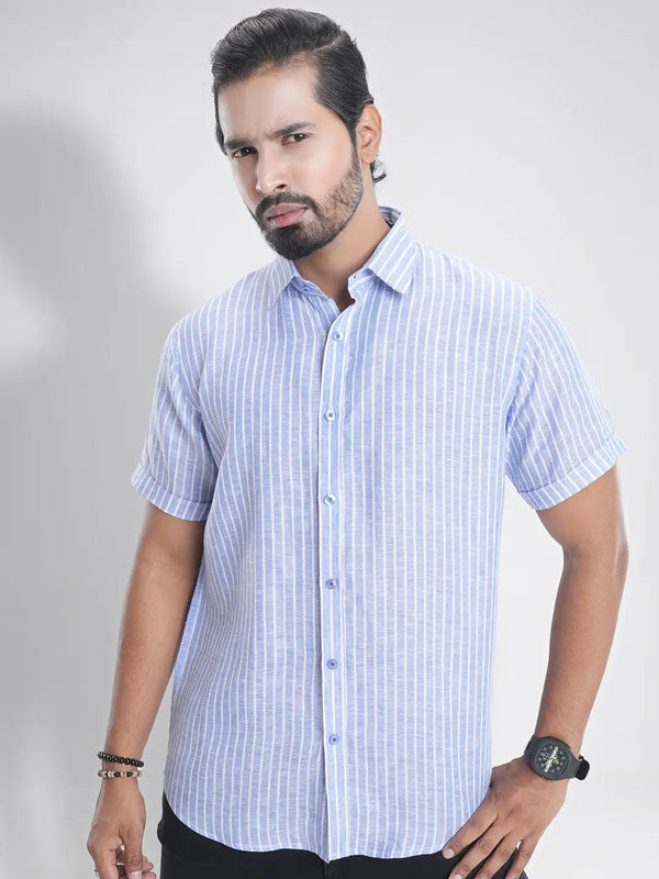 Men's Short Sleeve Casual Shirt in Light Sky Stripe