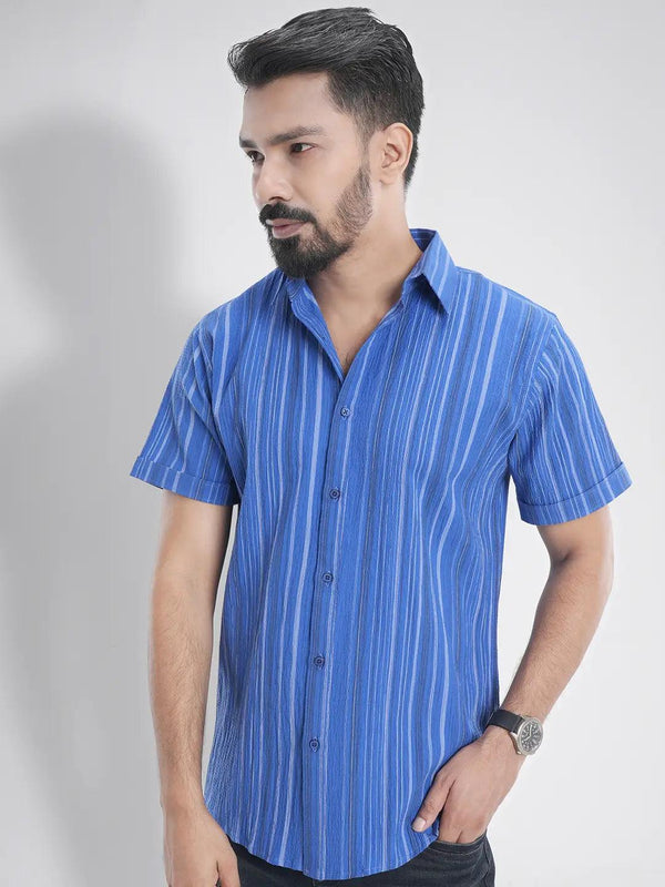 Men's Short Sleeve Casual Shirt in Admiral Blue Stripe