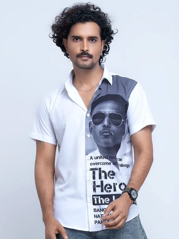 Men’s White Half-Print Graphic Shirt – The Hero Leader Edition
