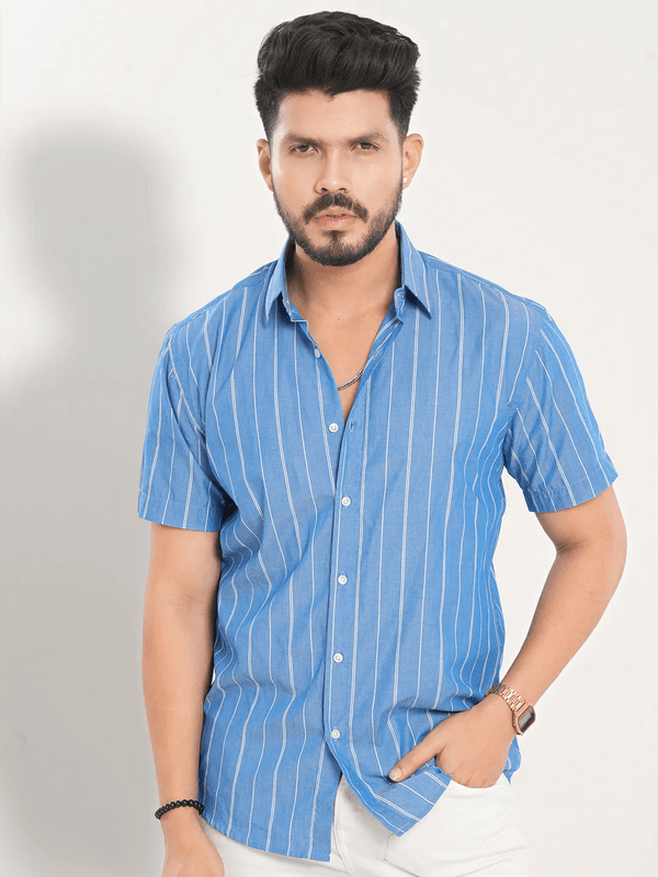 Men's Short Sleeve Casual Shirt in Cobalt Blue Stripe