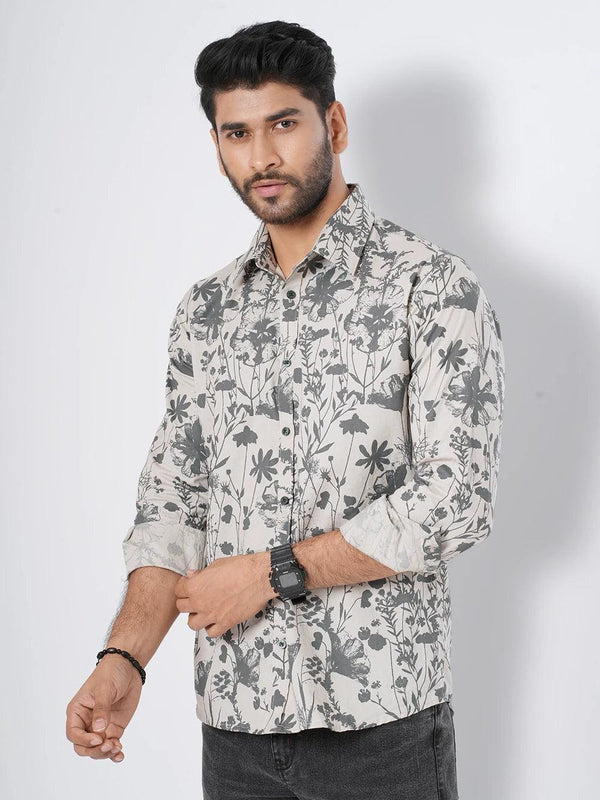 Men's Gray Floral Printed  Full Sleeve Shirt