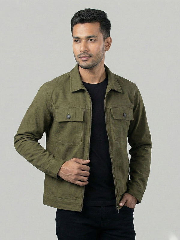 Men's Casual Biker Jacket in Olive green