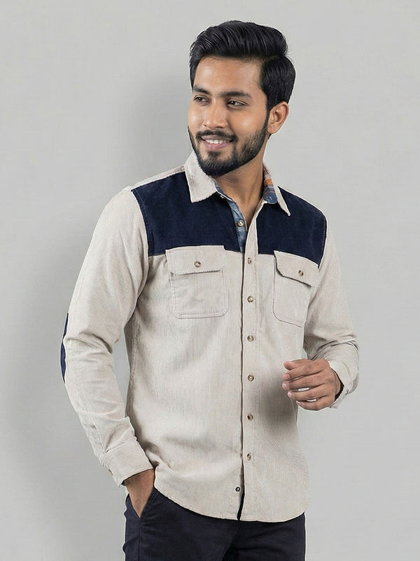 Men's Casual Corduroy Full Sleeve Shirt in Block Cream