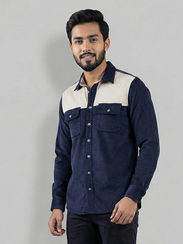 Men's Casual Corduroy Full Sleeve Shirt in Block Navy