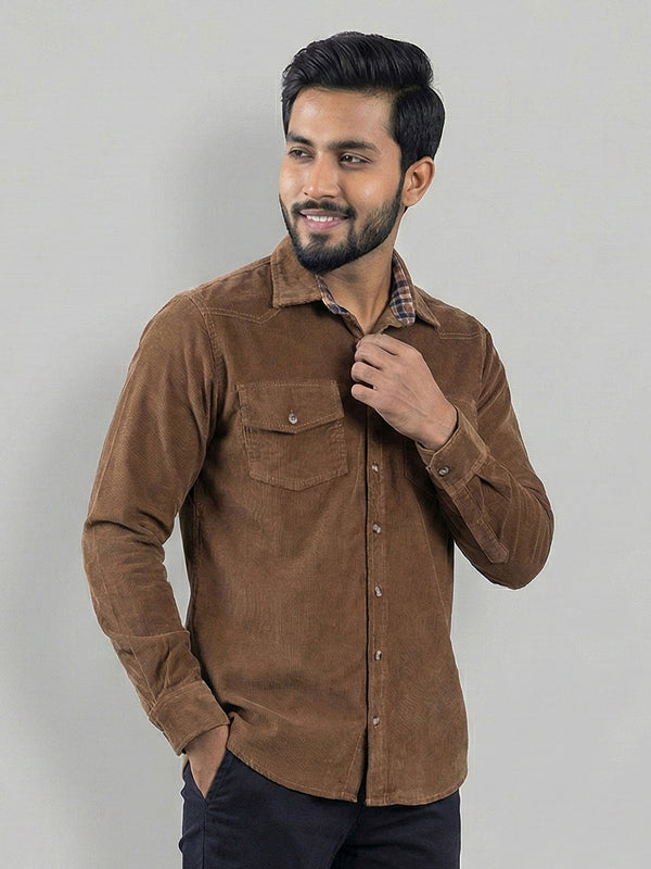 Men's Casual Corduroy Full Sleeve Shirt in Solid Brown