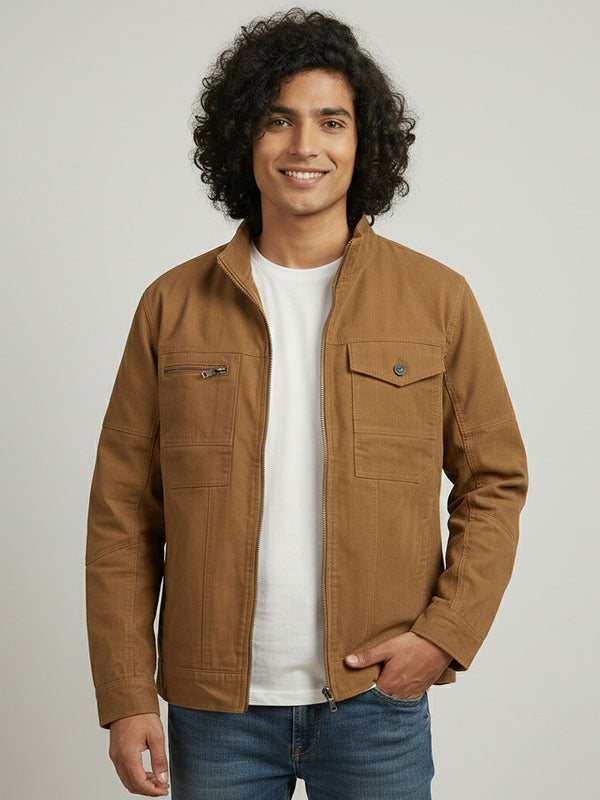 Men's Casual Biker Jacket in Caramel Brown