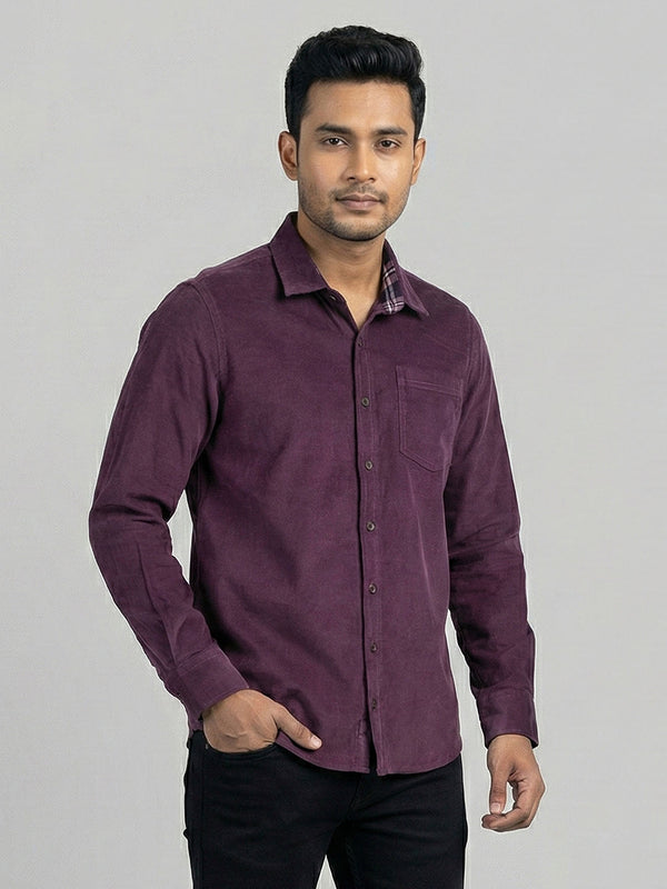 Men's Casual Corduroy Full Sleeve Shirt in Deep Burgundy
