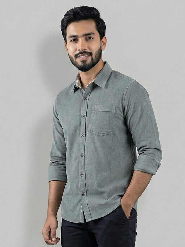 Men's Casual Corduroy Full Sleeve Shirt in Olive Grey