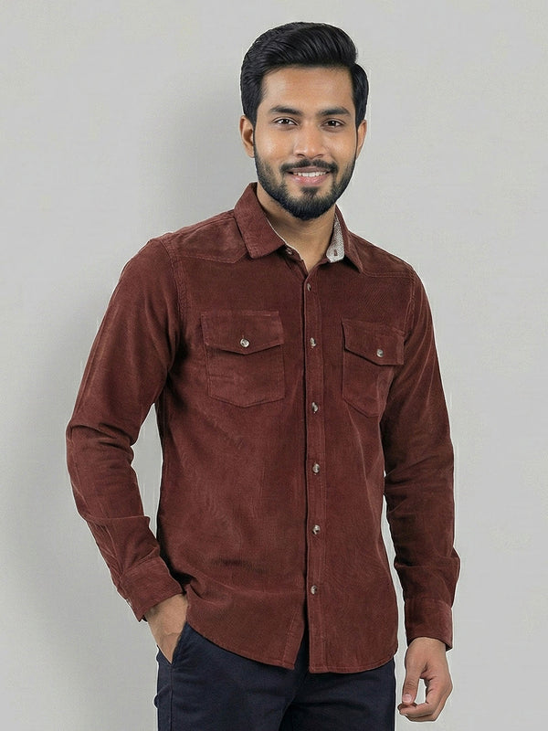 Men's Casual Corduroy Full Sleeve Shirt in Western Brown