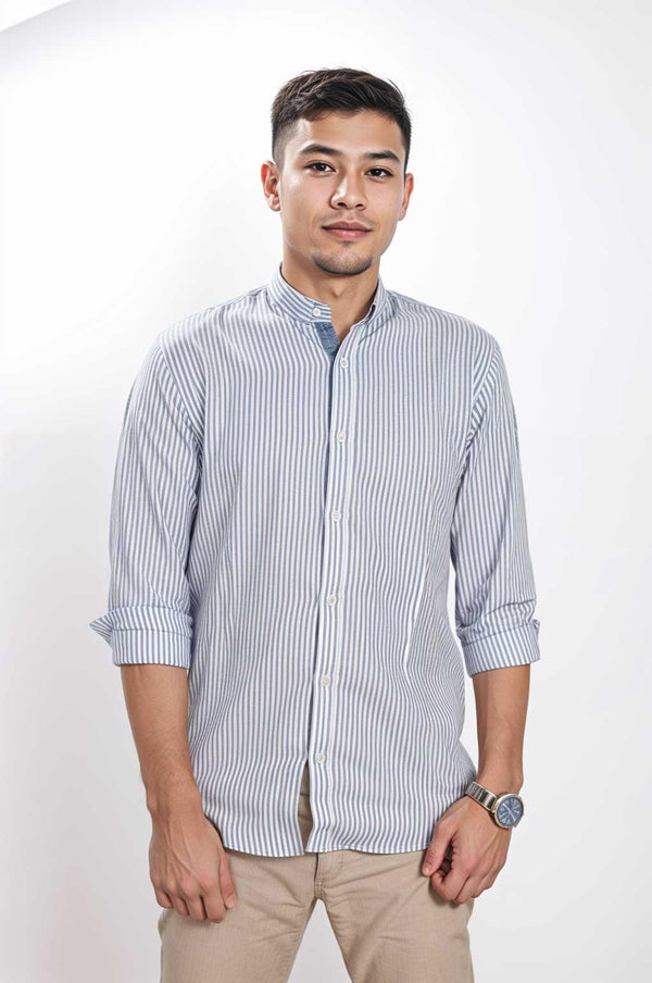 Men's Full Sleeve Casual Band Collar Shirt in Ash Stripe